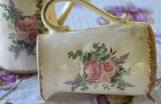 Vintage pitcher vase featuring old botanical-style rose prints