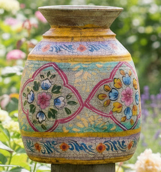 Hand-Painted Mint Green and Lavender Indian Decorative Pot