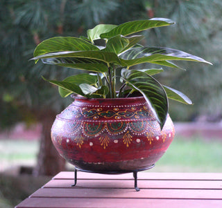 Vintage Hand-Painted Indian Earthenware Pot in Burgundy Red with Metal Stand
