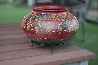 Vintage Hand-Painted Indian Earthenware Pot in Burgundy Red with Metal Stand