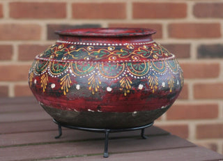 Vintage Hand-Painted  Earthenware Pot in Burgundy Red with Metal Stand