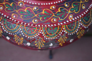 Vintage Hand-Painted Indian Earthenware Pot in Burgundy Red with Metal Stand