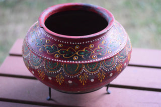 Vintage Hand-Painted Indian Earthenware Pot in Burgundy Red with Metal Stand