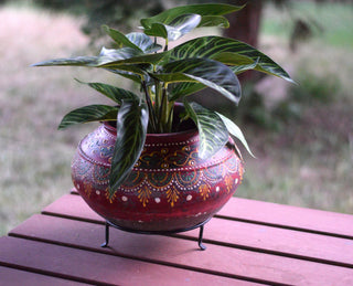 Vintage Hand-Painted Indian Earthenware Pot in Burgundy Red with Metal Stand
