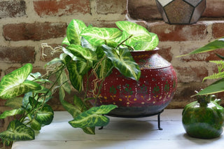 Vintage Hand-Painted  Earthenware Decorative Pot with Metal Stand