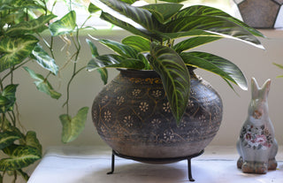 Charcoal Hand-Painted Indian Planter on Metal Stand