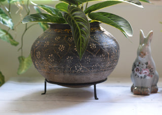 Charcoal Hand-Painted Indian Planter on Metal Stand