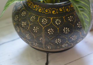 Charcoal Hand-Painted Indian Planter on Metal Stand