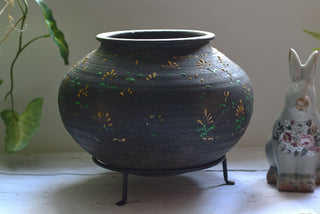 Timeworn Vintage Hand-Painted Indian Earthenware Pot with Metal Stand