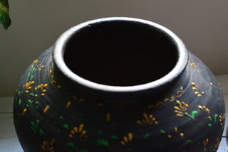 Timeworn Vintage Hand-Painted Indian Earthenware Pot with Metal Stand