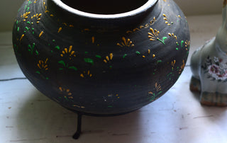 Timeworn Vintage Hand-Painted Indian Earthenware Pot with Metal Stand