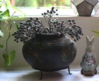 Timeworn Vintage Hand-Painted Indian Earthenware Pot with Metal Stand