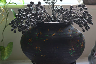 Timeworn Vintage Hand-Painted Indian Earthenware Pot with Metal Stand
