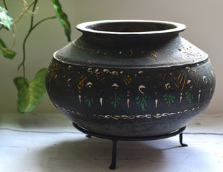 Decorative Charcoal Earthenware Vessel with Metal Stand