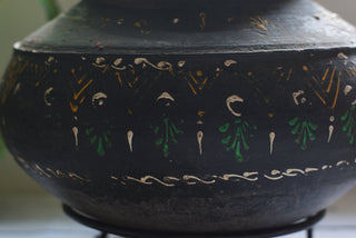 Decorative Charcoal Earthenware Vessel with Metal Stand