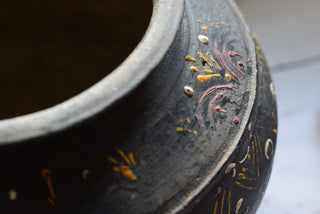 Decorative Charcoal Earthenware Vessel with Metal Stand