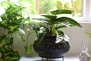 Decorative Charcoal Earthenware Vessel with Metal Stand