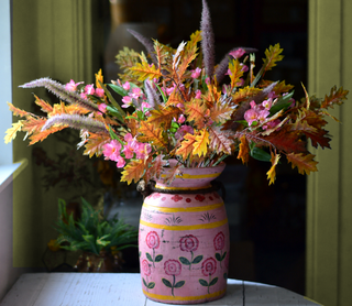 Artificial Autumn Flower Arrangement – Pink Alstroemeria, Purple Grass & Autumn Leaves