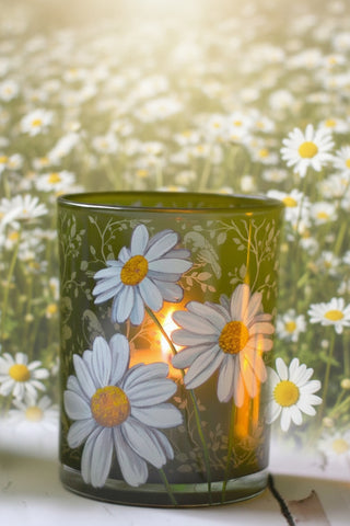 Sage Meadow Birds & Daisies Glass Candle Holder