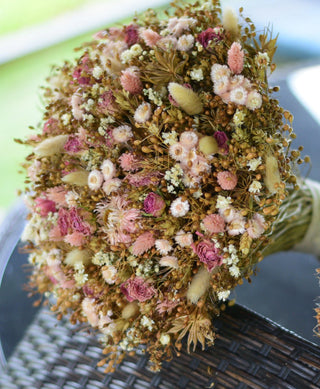 Dried flower bouquet with pink roses